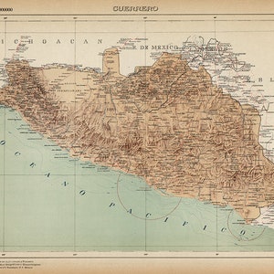 Karte von Guerrero, Mexiko, 1923. Vintage Restaurierung Hardware home-Deco-Stil alte Wand Reproduktion Karte