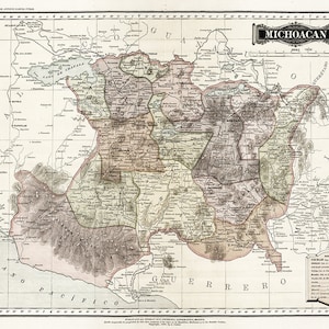 Map of Michoacan, Mexico, 1886.  Vintage home Deco Style old wall reproduction map print.