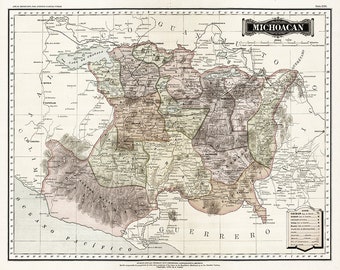 Map of Michoacan, Mexico, 1886.  Vintage home Deco Style old wall reproduction map print.