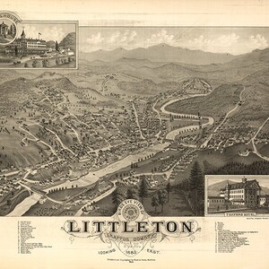 Mappa di Littleton, Contea di Grafton, New Hampshire NH 1883.  Vista a volo d'uccello.  Restauro Hardware Home Deco Stile Muro Giclee Riproduzione.