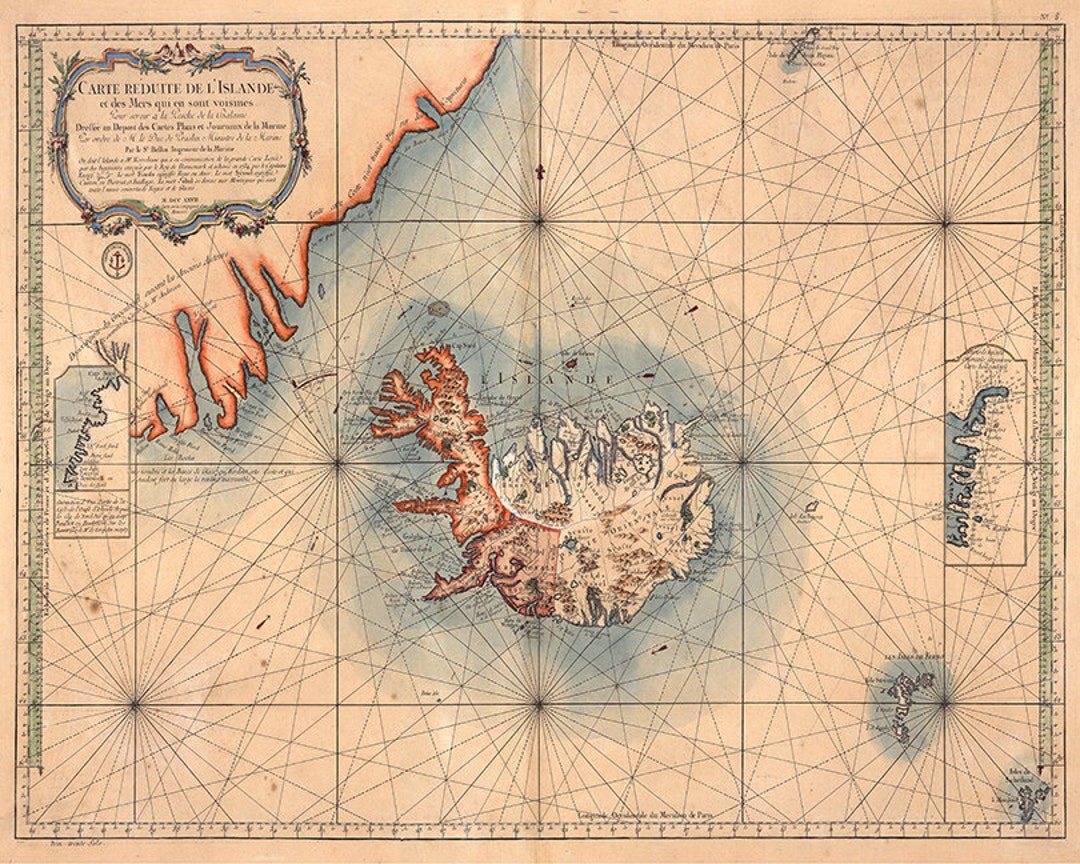 Map of Iceland 1767. Restoration Hardware Home Deco Style Old Wall