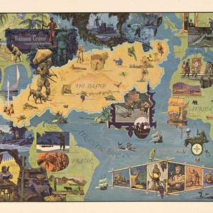 Robinson Crusoe from Daniel Defoe.  Vintage home Deco Style old wall reproduction map print.