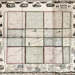 Map of DeKalb Co., Indiana 1863 Home Old Wall Vintage Reproduction.