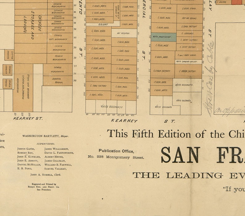 Official map of Chinatown in San Francisco, California, CA, 1885. Vintage restoration hardware home Style old wall reproduction map print. image 5