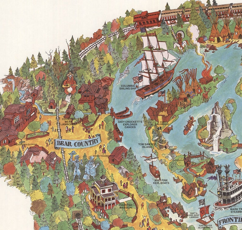 Disneyland Map Panoramic Birds Eye View Map of Disney land. Vintage home Decor Style old wall reproduction map print. image 3