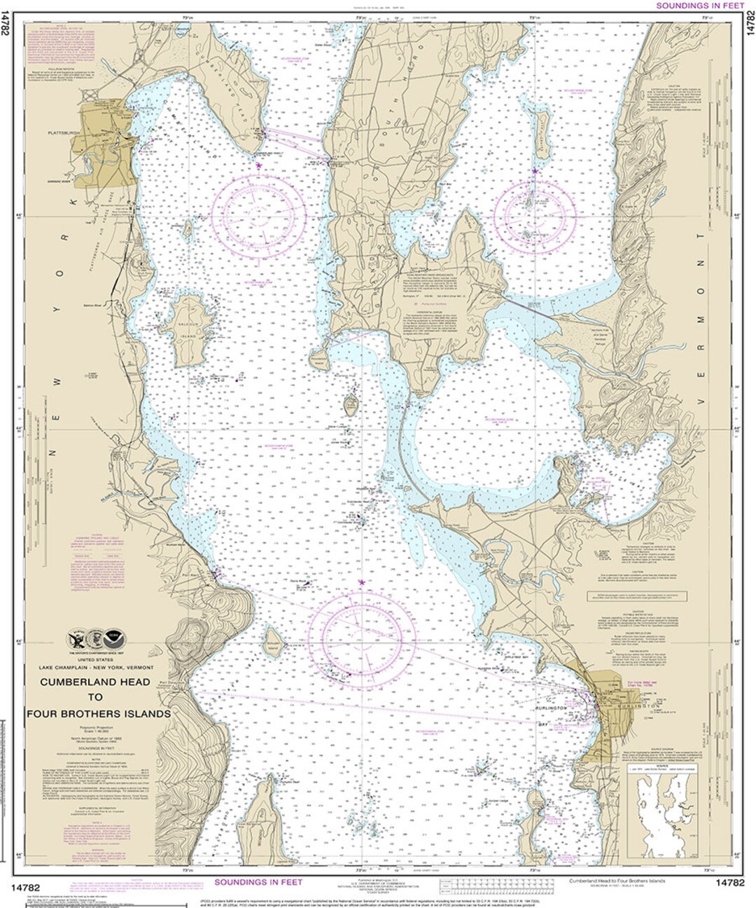 Nautical Charts of Cumberland Head to Four Brothers Islands. 14782 Plattsburgh. Burlington