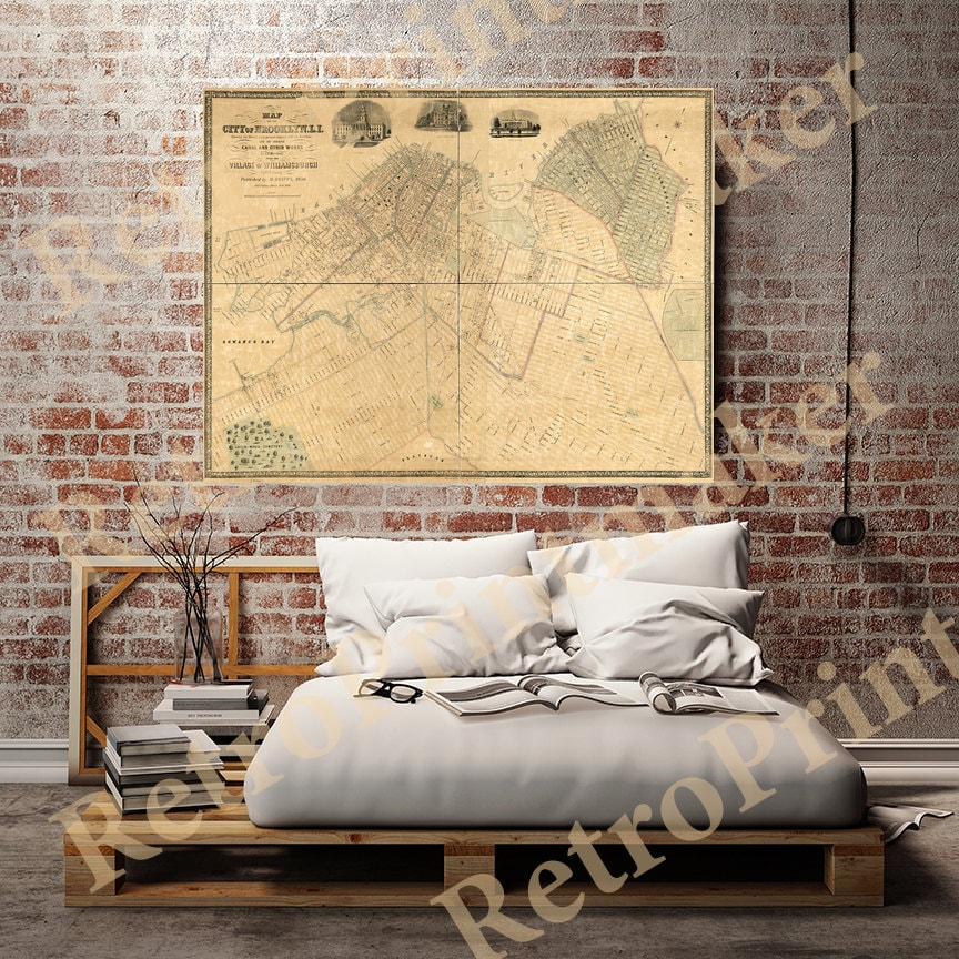 額装品　西洋古地図　1664年　J.ブラウ　ウェールズ・モンゴメリー州 1850 Map of Brooklyn NY and Williamsburgh Reproduction Print