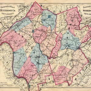 Map of Hunterdon and Somerset County, New Jersey 1872. Vintage restoration hardware home Deco Style old wall reproduction map print.