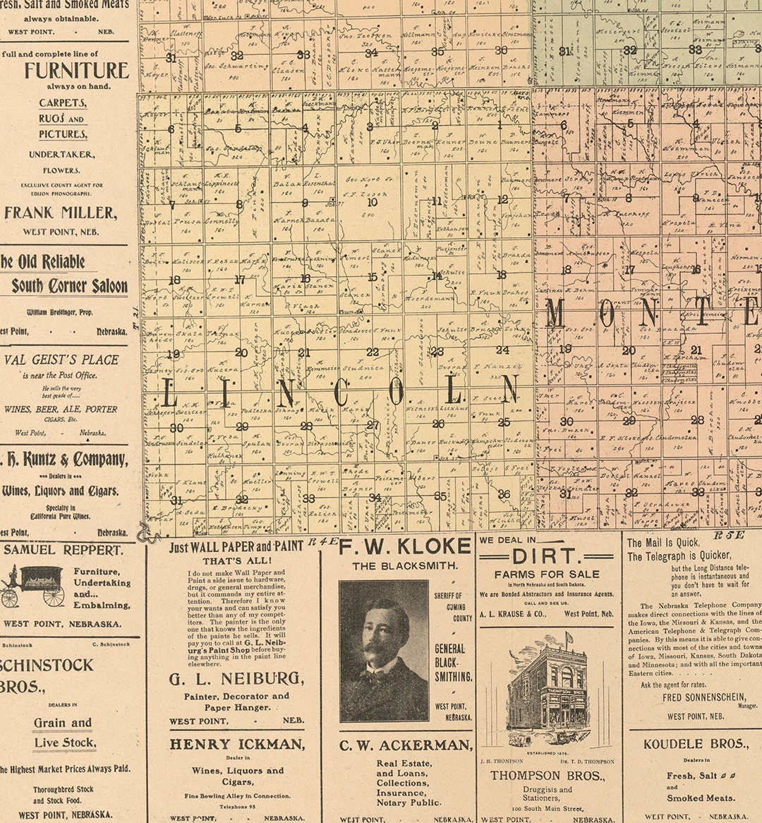 Map of Cuming County Nebraska 1900. Vintage Home Deco Style Etsy
