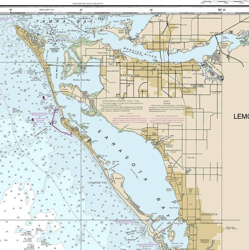 Lemon Bay to Passage Key Inlet Florida Nautical Wall Art Reproduction ...