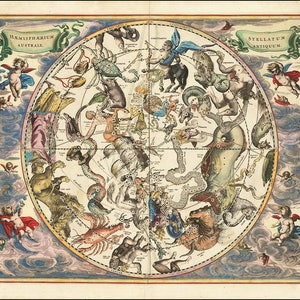 Celestial chart by Andreas Cellarius - 1660 celestial map of the constellations of the Southern Hemisphere - Vintage Astronomy Reproduction