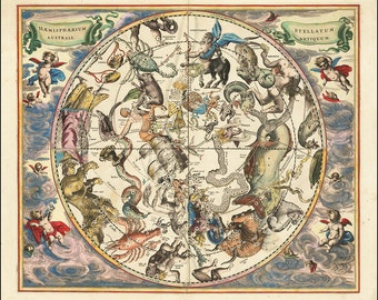 Celestial chart by Andreas Cellarius - 1660 celestial map of the constellations of the Southern Hemisphere - Vintage Astronomy Reproduction