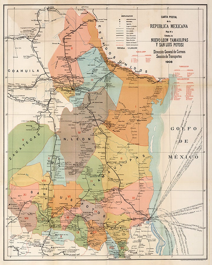 Map of Nuevo Leon Tamaulipas y San Luis Potosi. Mexico 1908. Vintage home Deco Style old wall reproduction map print.