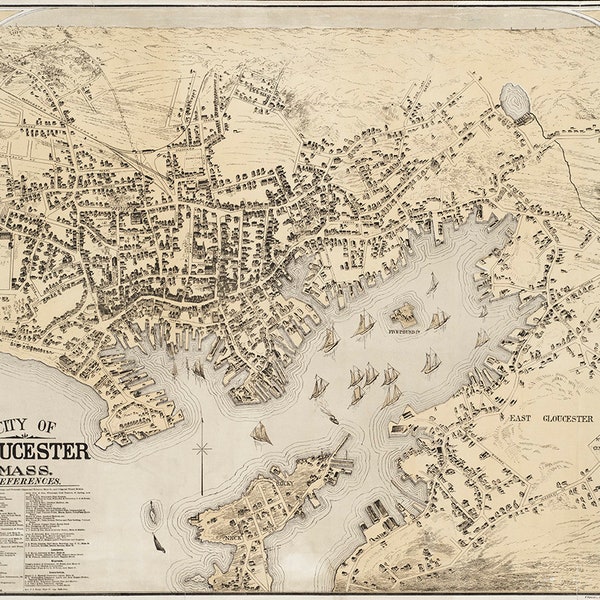 Map of Gloucester, Essex Co., Massachusetts 1873. Vintage home Deco Style old wall reproduction map print.