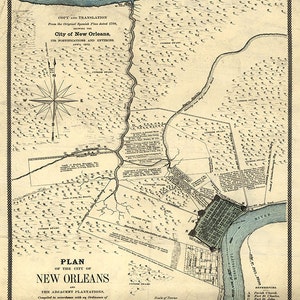 Mapa de Nueva Orleans, Luisiana, 1875: Plano de la ciudad y las plantaciones adyacentes. Impresión vintage de estilo art déco, restaurada y restaurada.