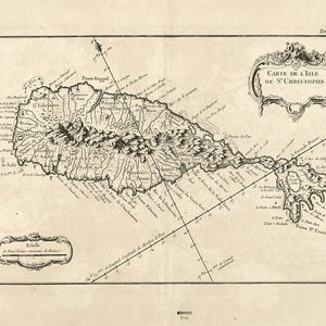 Map of Saint Kitts, Carte de l'isle de St. Christophe 1764. Vintage restoration hardware home Deco Style old wall reproduction map print.