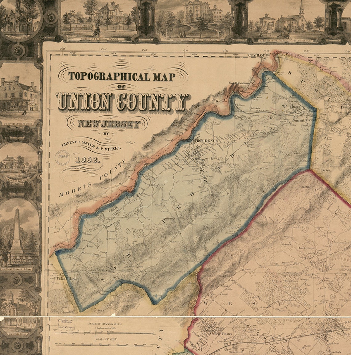 Topographical Map of Union County New Jersey NJ 1862. Vintage Etsy