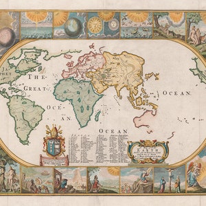 Mapa pictórico del mundo 1681. Impresión de reproducción de mapa de pared antiguo estilo art déco de hogar vintage.