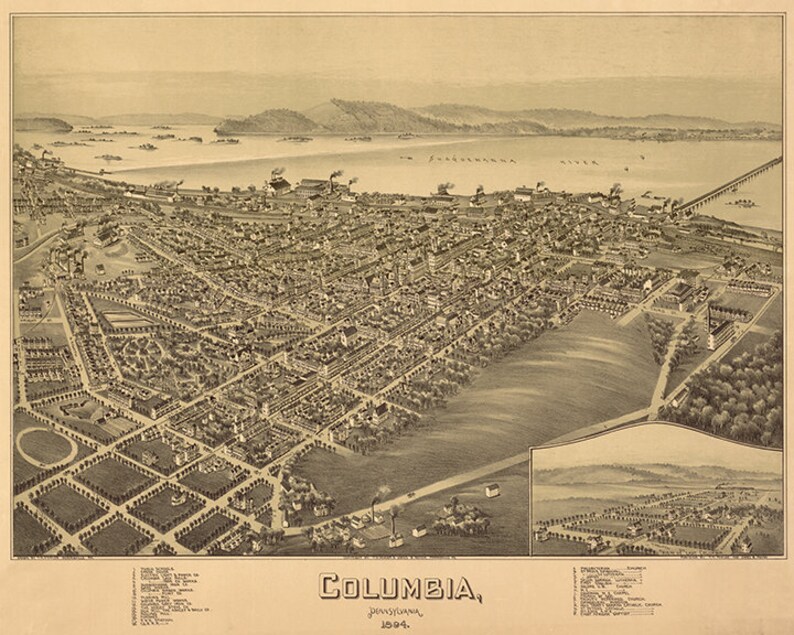 Map of Columbia Lancaster County Pennsylvania PA 1894. Etsy