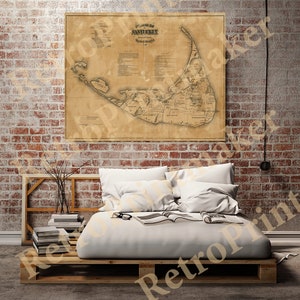 May include: A vintage map of Nantucket Island, Massachusetts, printed on aged paper with a brown background. The map shows the island's coastline, roads, and towns. The title "The Island of Nantucket" is printed at the top of the map.