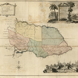 Mapa del Condado de Surry, Jamaica, 1763.  Casa vintage Deco Style antigua reproducción de pared impresión de mapa.