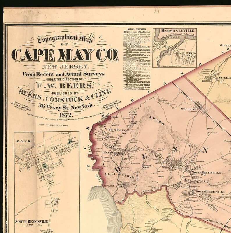 Map of Cape May County New Jersey 1872. Vintage restoration Etsy