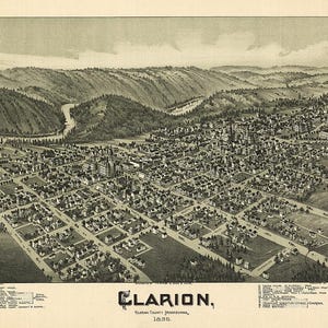 Karte von Clarion, Clarion County, Pennsylvania 1896 Print.  Panoramische Ansicht.  Reproduktion Landkarte