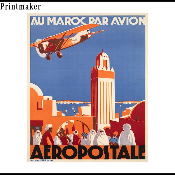 Vintage tourism to Morocco by airplane. Aéropostale (formally, Compagnie générale aéropostale), 1928 Vintage reproduction map print.