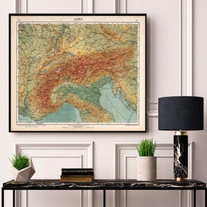 May include: A vintage map of the Alps, framed in black, hangs above a black console table with a lamp, a potted plant, and a stack of books. The map shows the mountain range in shades of green, brown, and yellow.