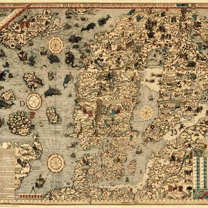 Sea map of a Scandinavia by Olaus Magnus in 1527-39. Carta marina. Sweden, Denmark, Norway, Iceland and Finland.  Antique Reprint.