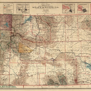Carte de l'État du Wyoming, WY 1912. Impression de reproduction de carte murale ancienne de style déco maison vintage.