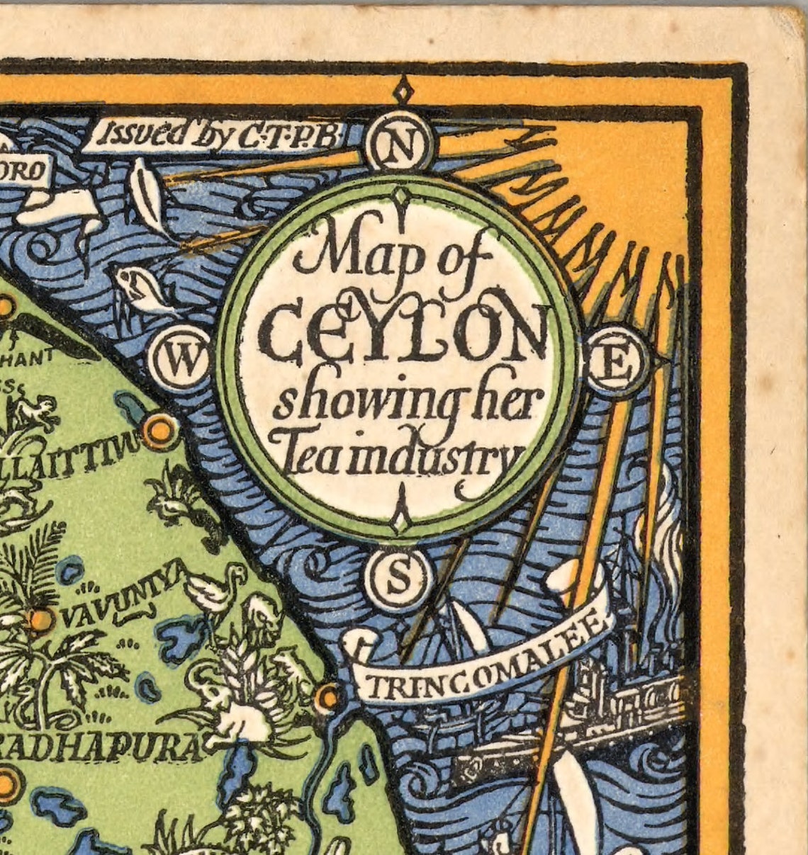 Map of Sri Lanka, Ceylon Showing Her Tea Industry. Vintage Home Deco ...