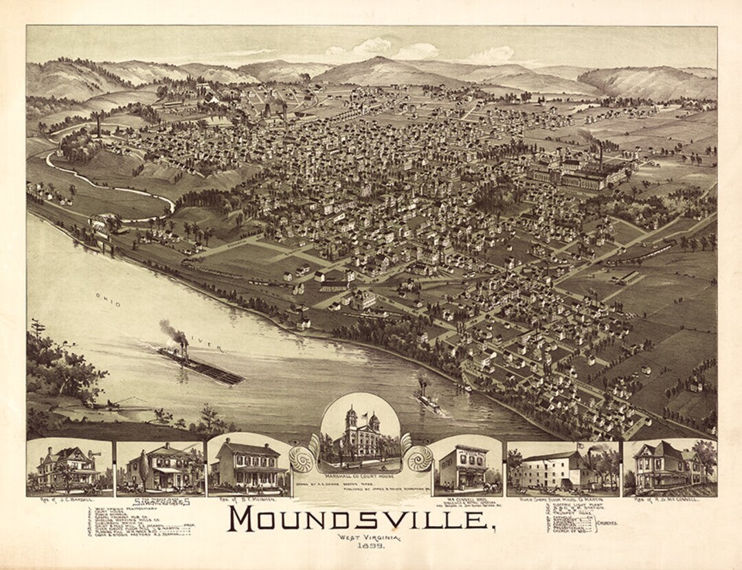 Map of Moundsville, Marshall County, West Virginia WV. 1899. Vintage