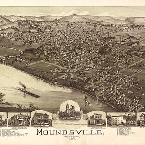 Karte von Moundsville, Marshall County, West Virginia WV.  1899. Vintage Restaurierung Hardware Home Deco Stil alte Wand Reproduktion Karte Druck.