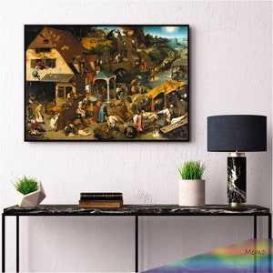 May include: A framed painting depicting a bustling medieval village scene with many figures and animals. The painting is set against a backdrop of a lush green landscape with a river and a distant town.
