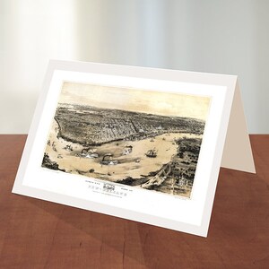 Tarjeta de felicitación en blanco de Nueva Orleans, Luisiana, con el río Misisipi, 1851. Reproducción de mapa vintage a vista de pájaro.