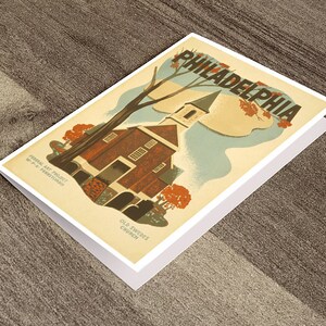 Tarjeta de felicitación - Cartel "See America" para Filadelfia. Cartel que promueve el turismo, mostrando la Iglesia Old Swedes en Filadelfia, Pensilvania. Reimpresión.