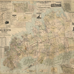 Mappa delle contee di Kings e Queens, New York: da rilievi effettivi. Mappa riprodotta d'epoca del 1886. J. Beers & Co. Brooklyn, Long Island City.