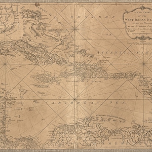 Mapa das Ilhas das Índias Ocidentais (Índias Ocidentais). 1778. Impressão de mapa de reprodução de parede antiga em estilo Deco, de ferragens de restauração vintage.