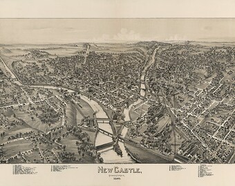 New Castle, Lawrence Co., Pennsylvania PA 1896. Vintage restoration hardware home Deco Style old wall reproduction map print.