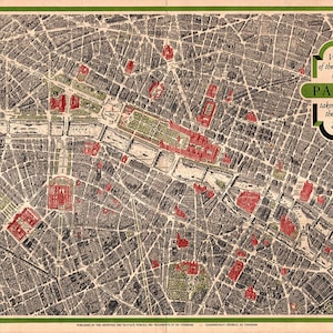 Mapa Paryża, Francja, 1950 r. Stara reprodukcja mapy na ścianie w stylu art déco.