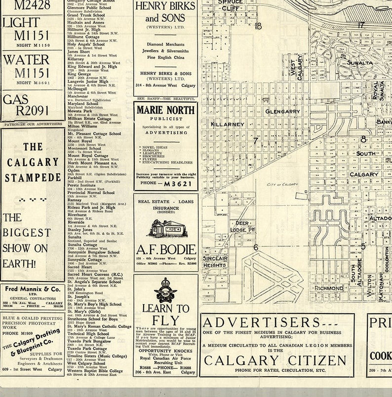Map of Calgary Alberta Canada in 1950. Restoration Hardware Etsy