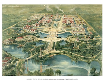 The Pan-American exposition, Buffalo, New York, 5/1 to 11/1, 1901.   Restoration Hardware Home Deco Style Old Wall Map. Vintage Reproduction