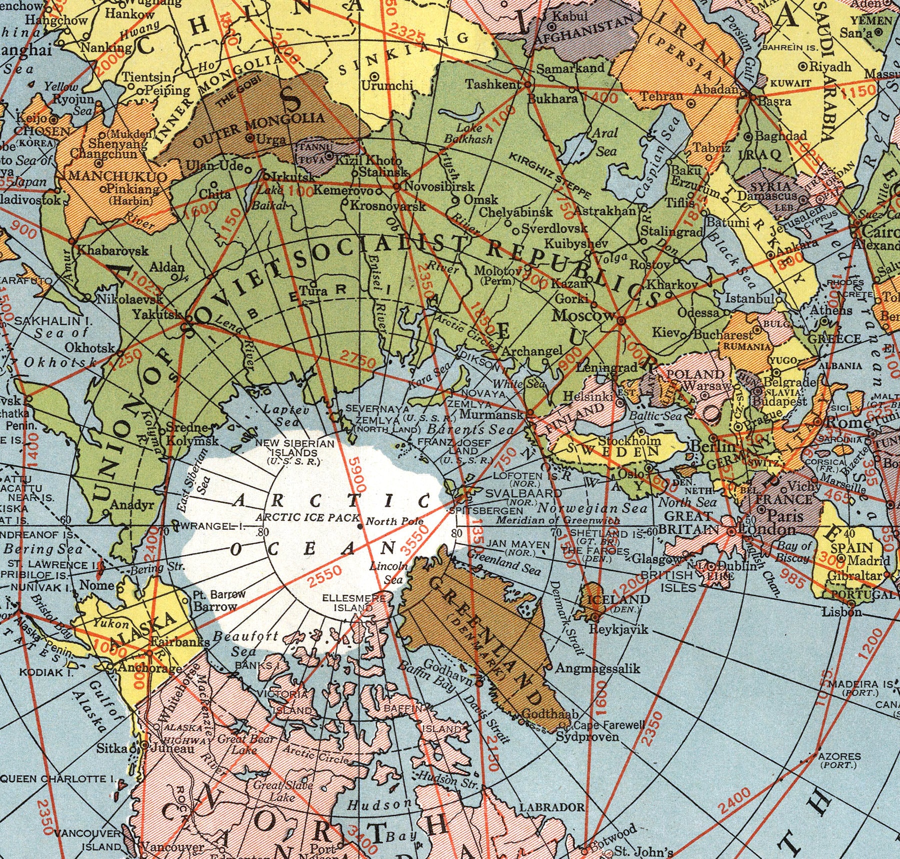 極方位正距図法。平面地球地図。1943 年第二次世界大戦の壁地図ポスター プリント。ビンテージ複製地図 - Etsy 日本