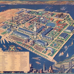 Mapa pictórico de la Isla del Tesoro en la Bahía de San Francisco. Reproducción de estilo home deco, reimpresión vintage de pared.