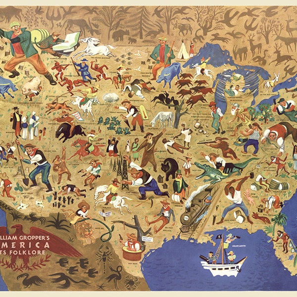 William Gropper's America, its folklore.  Shows characters and names or titles from American folklore on a map of the United States.