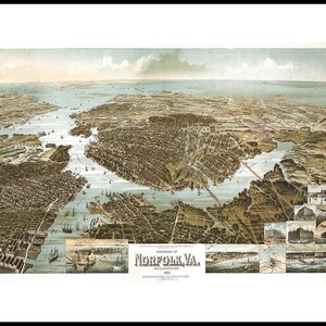 Norfolk, Virginia VA und Umgebung Karte 1892. Vintage Reproduktion Karte Panorama Kunstdruck Poster VA0002