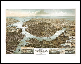 Norfolk, Virginia VA and surroundings map 1892. Vintage Reproduction Map Panoramic Art Print Poster VA0002