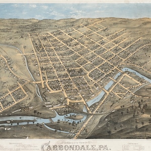 Map of Carbondale, Lackawanna County, Pennsylvania, PA.  Vintage home Deco Style old wall reproduction map print.