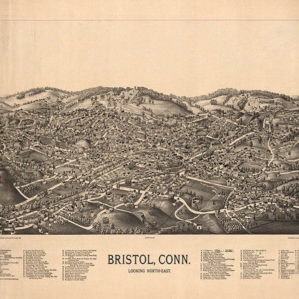 Map of Bristol, Hartford Co., Connecticut CT 1889. looking north-east. Home Deco Style Old Wall Map. Vintage Reproduction.